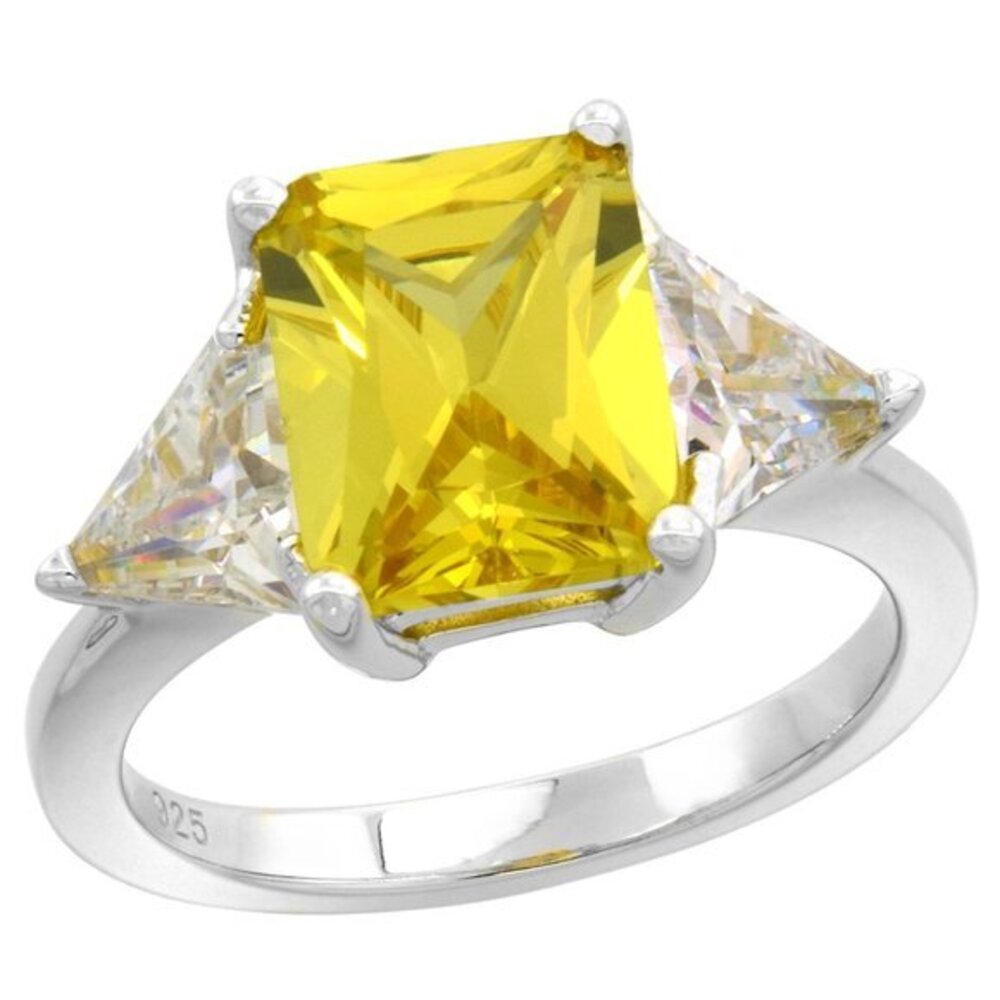 Sterling Silver Yellow CZ Engagement Ring 3 stone